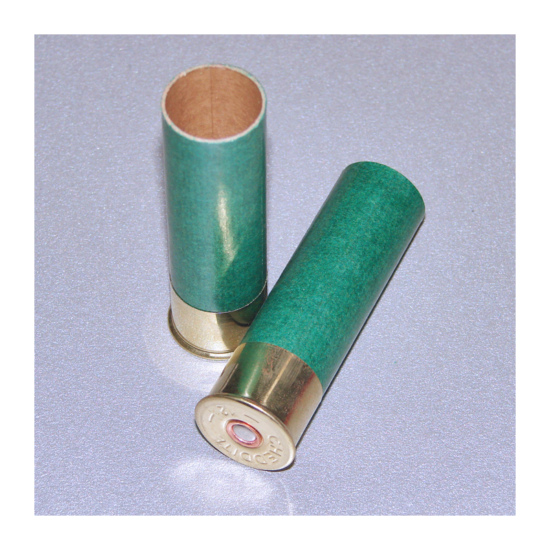 100 PATRONENHÜLSE CHEDDITE TYP 3, KAL. 12/70, GRÜN, IM KARTON, OHNE AUFWEITUNG, ZÜNDHÜTCHEN, 2000er-Packung