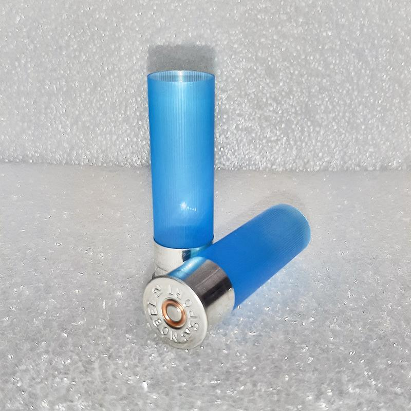 50 PATRONENHÜLSE NOBEL SPORT TYP 3, KAL. 12/70 HELLBLAU TRANSLUZENTES KUNSTSTOFFGEHÄUSE MIT AUSLADUNG. NS U688 VERNICKELTER BODE